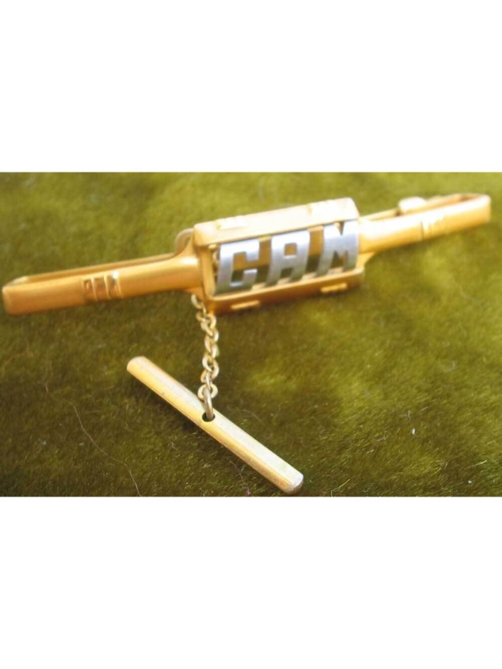 True Vintage Tie Bar Clip Estate Mens Gold-Tone "CAD" With Chain